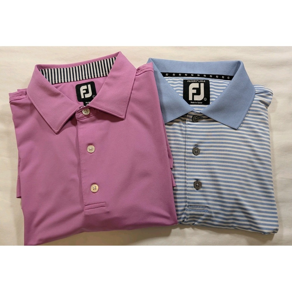 Lot Of 2 FootJoy FJ Men's Large Golf Polo Shirts Pink & Blue Stripe Performance